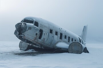 Aircraft wreck in snow, surrounded by a bleak, foggy landscape