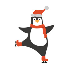 An illustration of a cute penguin wearing a red hat and scarf ice skating. Adorable Christmas animal.