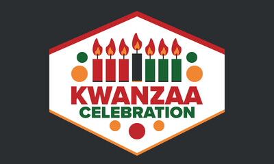 Kwanzaa Happy Celebration. African and African-American culture holiday. Seven days festival, celebrate annual from December 26 to January 1. Black history. Poster, card, banner and background. Vector