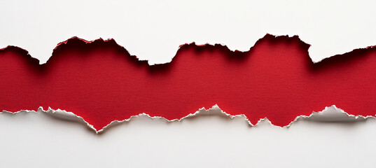 A piece of white paper with torn edges reveals a red background underneath