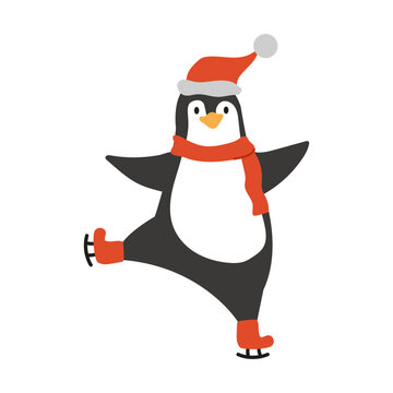 recommend clip art: An illustration of a cute penguin wearing a red hat and scarf ice skating. Adorable Christmas animal.