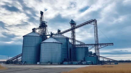 Obraz premium Rural industrial landscape with large metal grain silos and conveyor system against dramatic cloudy sky in agricultural setting