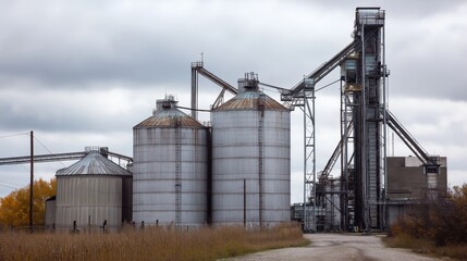 Obraz premium Rural industrial grain silos and storage facility with overcast sky and autumn foliage surroundings