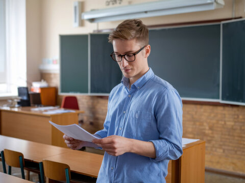 Joven profesor con gafas parado en un aula cerca de la pizarra
