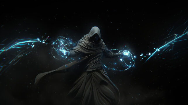 Fototapeta A mysterious figure in a dark cloak, wielding telekinetic powers to lift weapons and create force fields, fighting game character, concept art, illustration