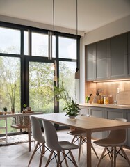 Fototapeta premium Stylish home kitchen interior with dining table, cabinet and panoramic window - Feel good