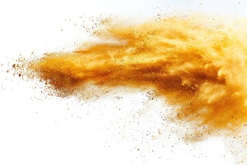 Sand explosion with golden waves and abstract clouds on white background.