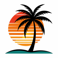 Coconut tree vector silhouette with see and sun set on white background