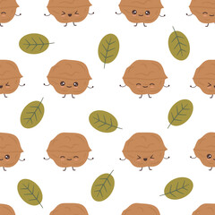 Cute hand drawn cartoon character walnuts and green leaves seamless vector pattern background ilustration 