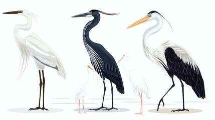 A vector illustration of four different types of herons. The herons are all standing in different poses and are all facing the left side of the image.