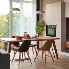 Stylish home kitchen interior with dining table, cabinet and panoramic window - Feel good