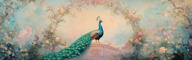 Traditional Mughal-style garden with peacock and floral designs for decor and heritage.