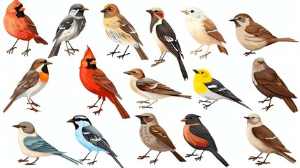 A set of 15 different bird illustrations. The birds are all drawn in a realistic style and feature a variety of colors and patterns.