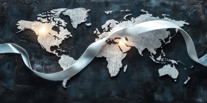 A white ribbon encircles a world map with glowing continents symbolizing unity and global connection.