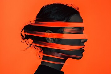 Futuristic Portrait with Profile Partially Obscured by Overlapping Translucent Bands