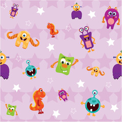 Vector Colorful Monster Pattern on Starry Background  with stars and various colorful, friendly monsters, including an orange one-eyed monster, a small red dinosaur, and ot