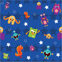 Vector Colorful Monster Pattern on Starry Background  with stars and various colorful, friendly monsters, including an orange one-eyed monster, a small red dinosaur, and ot