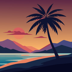 palm tree and sunset vector flat art