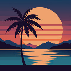 palm tree and sunset vector flat art