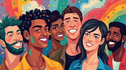 Fototapeta premium Vibrant Pop Art Portraits Celebrating LGBTQ+ Pride with Rainbow Flags and Diverse Characters