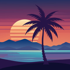 palm tree and sunset vector flat art