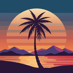 palm tree and sunset vector flat art