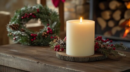 Lit Candle with Pine Sprigs and Berries on a Rustic Wood Table