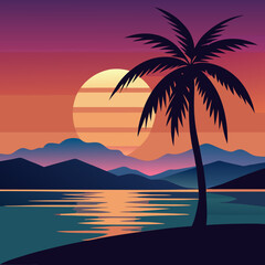 palm tree and sunset vector flat art