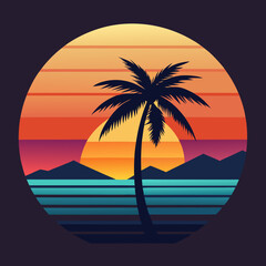 palm tree and sunset vector flat art