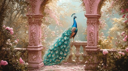 Obraz premium Traditional Mughal-style garden with peacock and floral designs for decor and heritage.