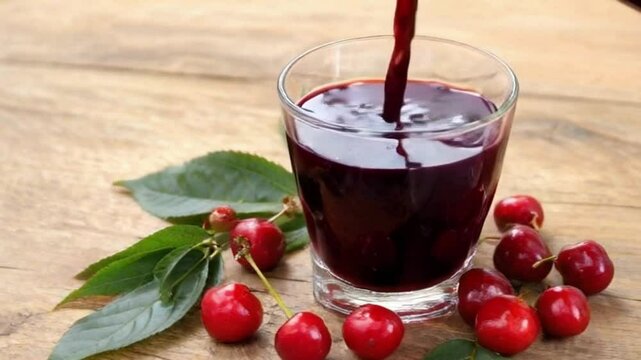 Acerola cherry juice fresh pour natural wooden surface, Close-up of acerola cherry juice being poured into glass with fresh cherries