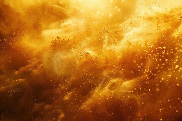 Sand explosion with golden waves and abstract clouds in motion.
