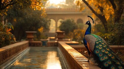 Traditional Mughal garden design with peacock, floral motifs, and Indian architecture artwork