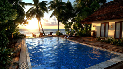 Tropical Sunset Paradise Luxury Villa with Private Pool, ocean view, beach house, palm trees, resort, vacation