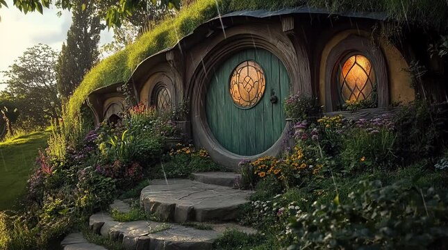 Enchanting fantasy treehouse with a round door nestled in lush green foliage  
Seamless looping 4k time-lapse virtual video animation Generated AI