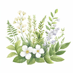 Naklejka premium Watercolor Floral Arrangement with White and Purple Flowers and Greenery, white flowers, leaves, botanical, illustration, painting