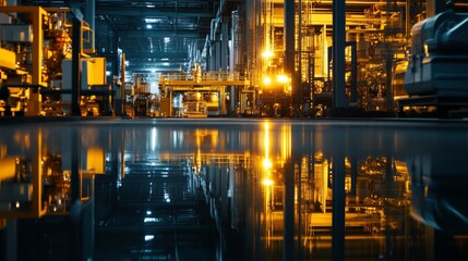 Industrial Manufacturing Process with Reflections on Dark Background Generative AI