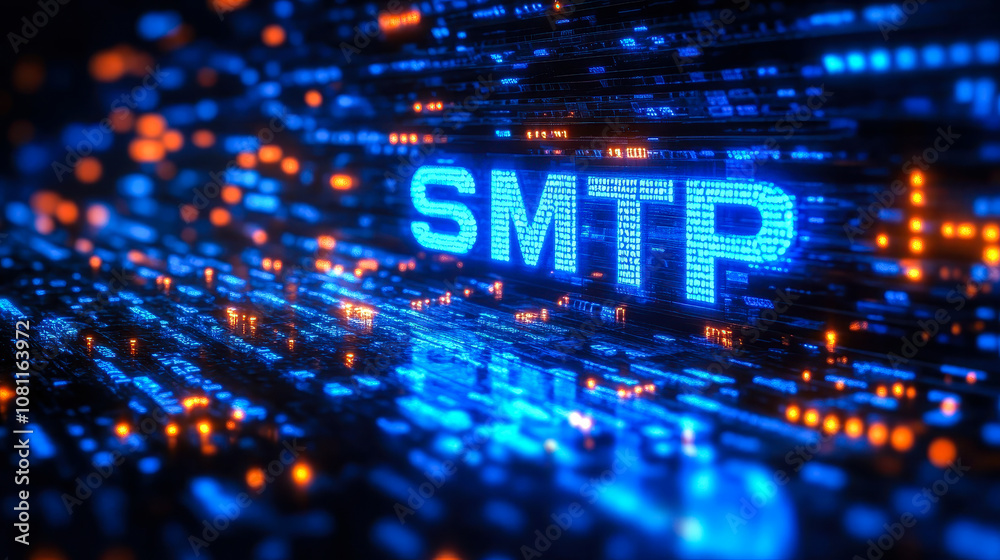 Poster digital illustration of smtp protocol in blue matrix binary code concept