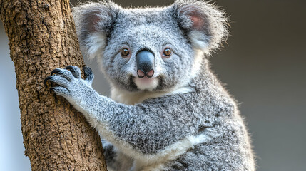 Obraz premium Adorable Koala Bear Climbing a Tree, marsupial, australian fauna, wildlife, animal, mammal