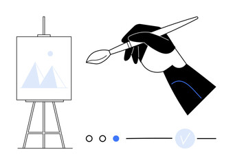 Hand holding paintbrush approaching canvas on easel with geometric shapes. Ideal for art, creativity, design, education, inspiration, digital content, and artist portfolio themes. Line metaphor