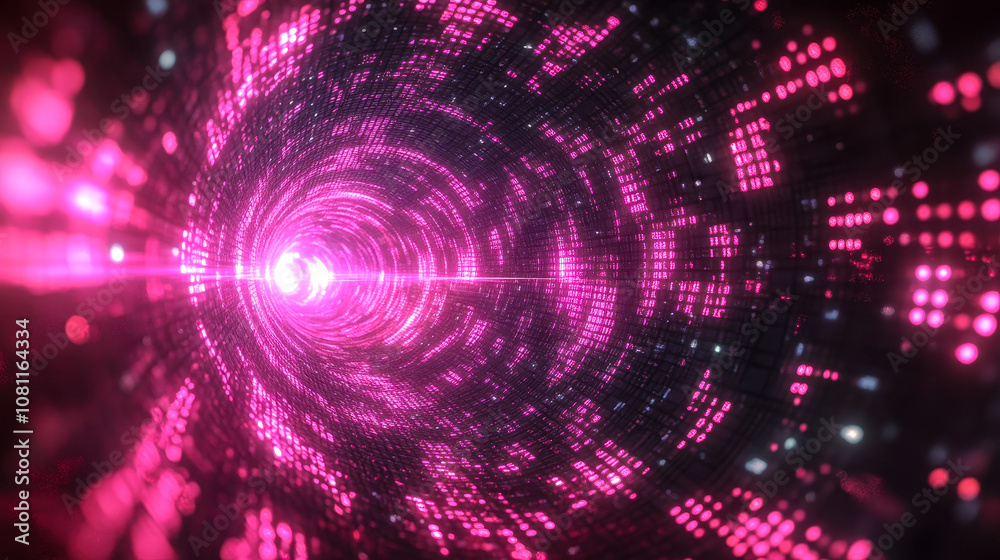 Poster abstract digital matrix with pink binary code flowing through circular gateway