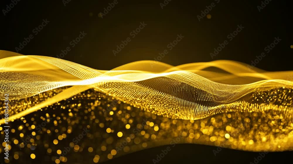 Poster golden wave particles dancing in a dark background loop generative ai