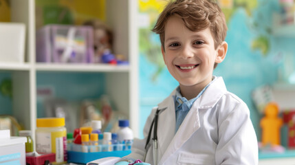 Obraz premium Child Doctor Role Play in Medical Office Setting for Imaginative Play and Learning Concepts