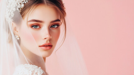 Soft colored bridal portrait with elegant makeup against a pastel backdrop. Generative AI