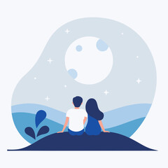 A couple is sitting on a hillside, looking up at the moon. Concept of peace and tranquility, as the couple enjoys the beauty of the night sky together