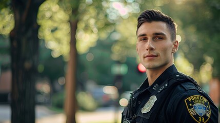 Confident Young Policeman in Uniform in Vibrant City Park Setting for Community Safety Theme