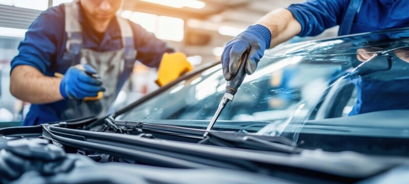 Auto Glass Repair: Professional Mechanics Replacing Windshield