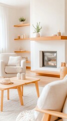 Fototapeta premium Cozy minimalist living room with neutral tones and natural wood accents, AI