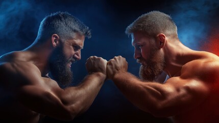 Two strong men face off in a fierce arm wrestling competition, showcasing their muscular physiques and intense expressions against a backdrop of vibrant smoke and lighting