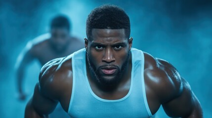 focused athlete performs an intense workout, showcasing strength and determination as he exercises in a misty atmosphere with dramatic lighting creating an inspiring mood